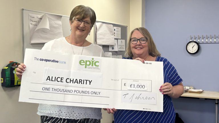 EPIC presents Alice Charity with a cheque for £1000 following fundraising efforts