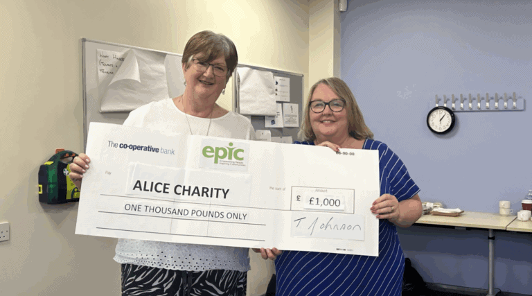 EPIC presents Alice Charity with a cheque for £1000 following fundraising efforts